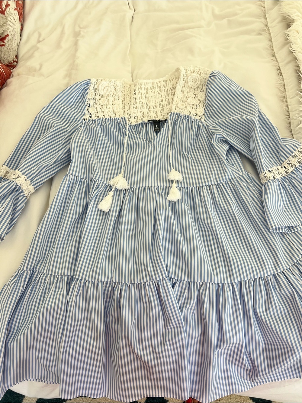Aqua Light Blue and White Striped Long Sleeve Dress with Crochet Yoke